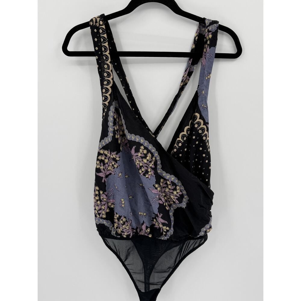 Free People Intimately L Floral Print Surplice Racerback Bodysuit Black Boho Y2K - Picture 2 of 6